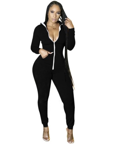 Solid Pure Sports Hooded Jumpsuit