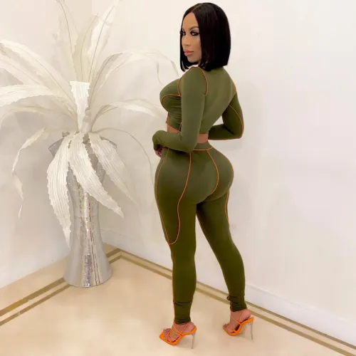 Sexy Fitted Lace Up Crop Top and High Waist Pants Two Piece Set