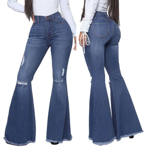 Stylish High Waist Ripped Bell Bottom Jeans
