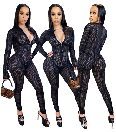 Sexy See Through Mesh Bodycon Jumpsuit