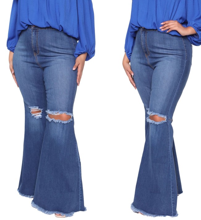 Plus Size High Waist Ripped Bell Bottom Jeans