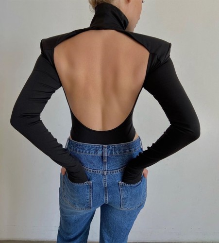 Solid Sexy Cutout Back High Neck Bodysuit