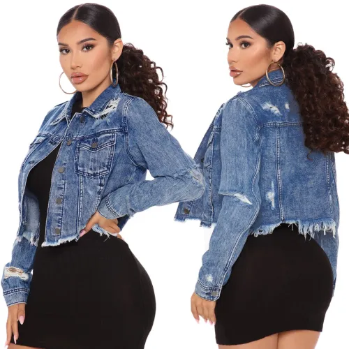 Button Up Short Ripped Blue Denim Jacket