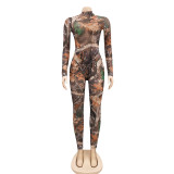 Sexy Print See Through Mesh Bodysuit and Legging Two Piece Set