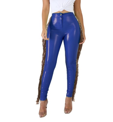 Tight Fringe High Waist PU Leather Pants