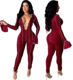 Sexy Lace Up Plunge Flare Cuff Bodycon Jumpsuit