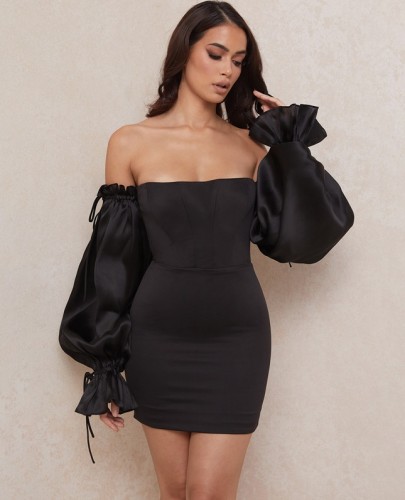 Off Shoulder Black Puff Sleeves Bodycon Mini Dress