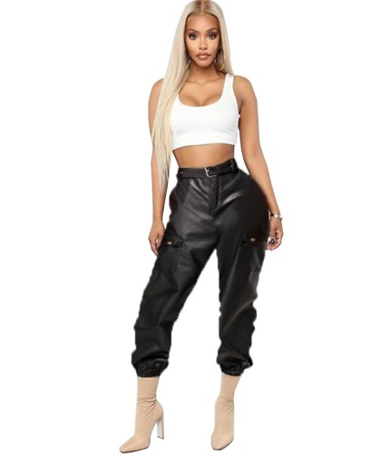 Black PU Leather High Waist Belted Cargo Pants
