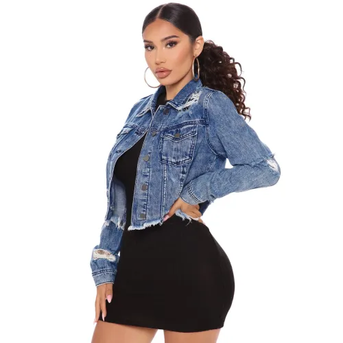 Button Up Short Ripped Blue Denim Jacket