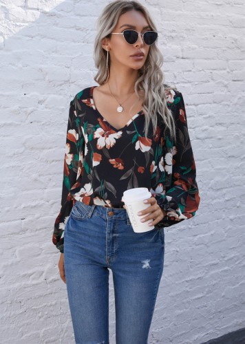 Floral V-Neck Long Sleeve Casual Top