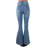 Fashion Blue Ripped Bell Bottom Jeans