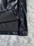 Black PU Leather Lace-Up Bottom High Waist Wide Leg Pants