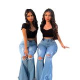 Fashion Blue Ripped Bell Bottom Jeans