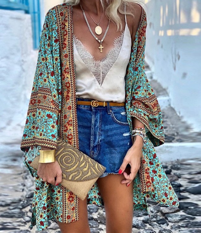 Boho Floral Print Beach Cover Up