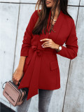 Plain Long Casual Blazer with Belt