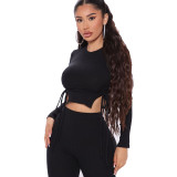 Matching Two Piece Drawstrings Crop Top and Pants Set