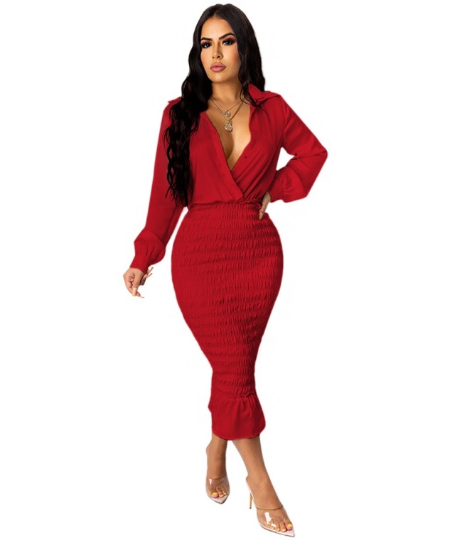 Elegant Wrap Bodice Shirred Midi Dress