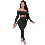 Solid Off Shoulder Ruched Crop Top & Pants Set