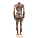 Sexy Print See Through Mesh Bodysuit and Legging Two Piece Set