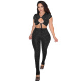 Shiny Strings Keyhole Crop Top and Pants Set