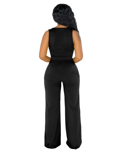 Plain Halter Crop Top and Wide Leg Pants Set