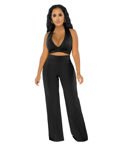 Plain Halter Crop Top and Wide Leg Pants Set