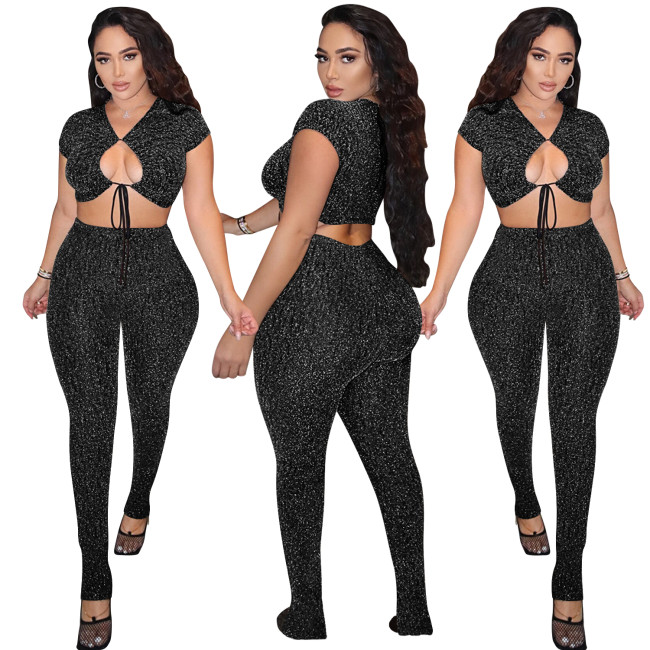 Shiny Strings Keyhole Crop Top and Pants Set