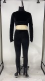 Sexy Pure Color Velvet Crop Top and High Waist Pants Set