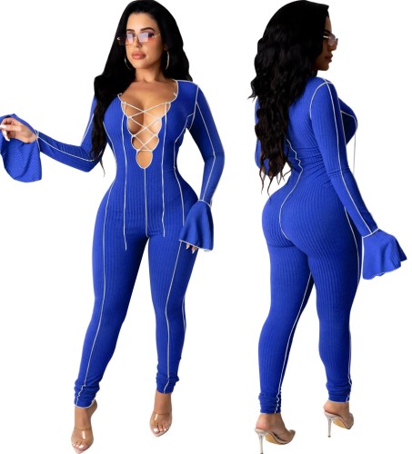 Sexy Lace Up Plunge Flare Cuff Bodycon Jumpsuit
