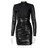 Sexy Black PU Leather Ruched Bodycon Club Dress