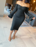 Sexy Bell Sleeve Strapless Ruched Midi Dress