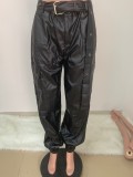Black PU Leather High Waist Belted Cargo Pants