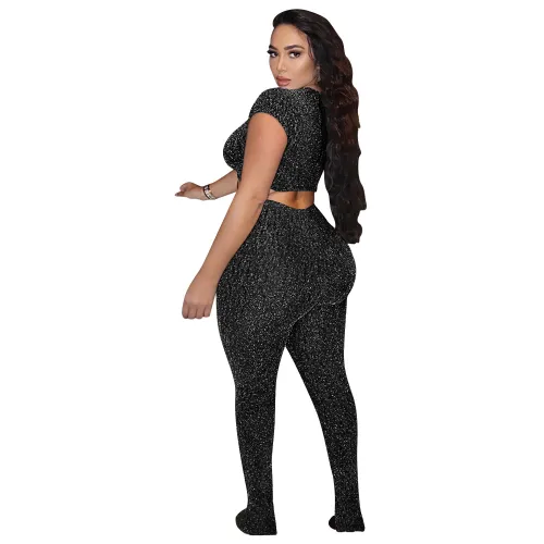 Shiny Strings Keyhole Crop Top and Pants Set