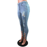Stylish Blue Tight Ripped Distressed Jeans