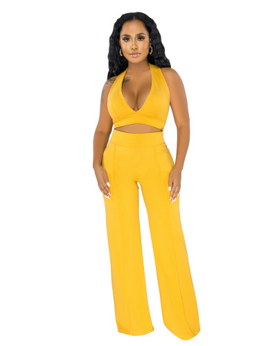 Plain Halter Crop Top and High Waist Pants Set