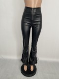 Black PU Leather Lace-Up Bottom High Waist Wide Leg Pants