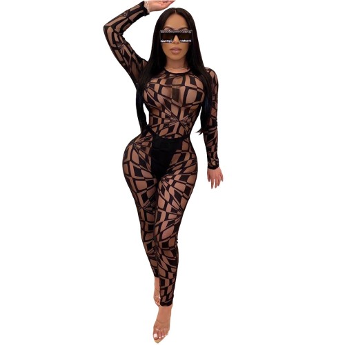 Sexy Open Back Mesh Bodycon Club Jumpsuit