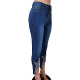 Stylish Rhinestone Crown Trimmed Jeans