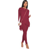 Matching Two Piece Casual Solid Tie Side Top and Ruched Pants Set