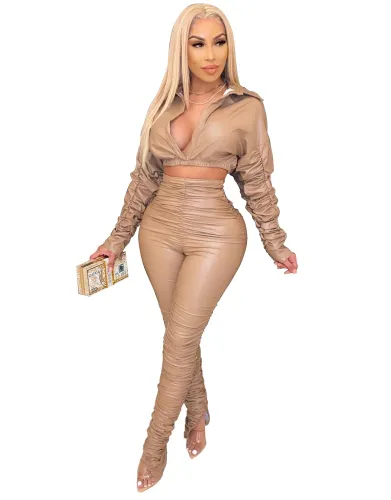 Solid PU Leather Ruched Crop Top and Slit Bottom Pants Set
