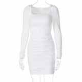 Sexy White Square Neck Ruched Mini Dress