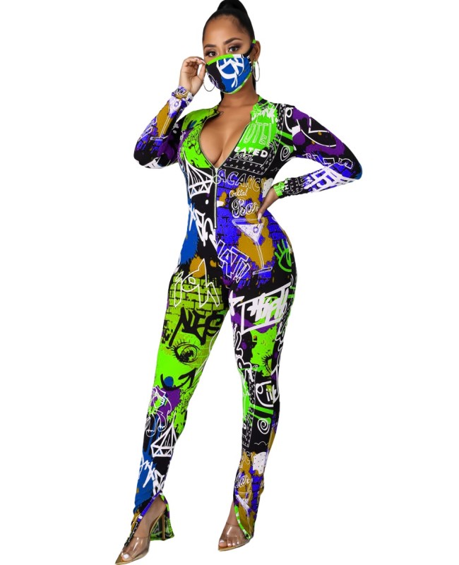 Multicolor Print Slit Bottom Jumpsuit(without Mask)