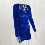 Royal Blue Velvet Ruched Details Mini Dress