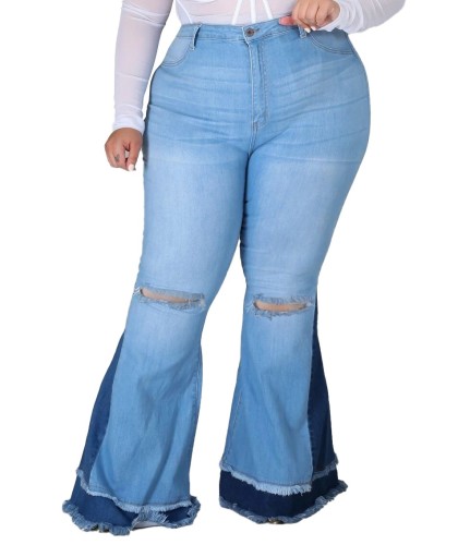 Plus Size Contrast Detail High Waist Ripped Flare Jeans