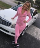 Striped V-Neck Long Sleeve Fitted Jumpsuit