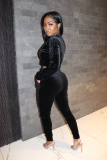 Black Velour Zipper Crop Top and Tight Pants Tracksuit