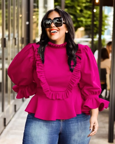 Plain Color Frilled Peplum Top