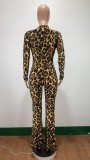 Long Sleeve Leopard Print Flare Jumpsuit