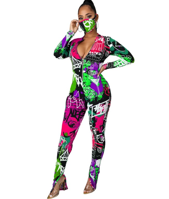 Multicolor Print Slit Bottom Jumpsuit(without Mask)