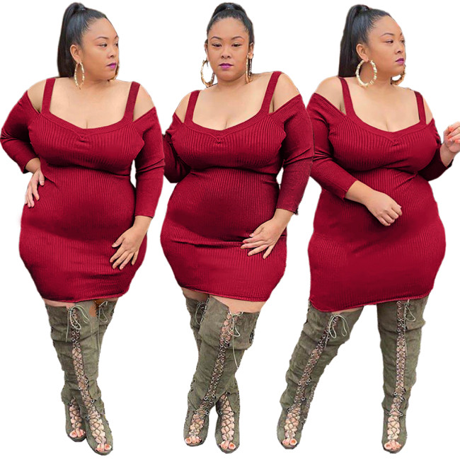 Plus Size Red Long Sleeve Straps Cold Shoulder Bodycon Dress